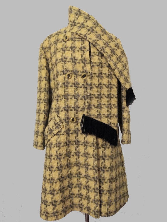 1960's Wool Houndstooth Print Coat with Scarf-Col… - image 1