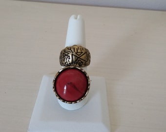 Red Coral and Brass Ox Knuckle Ring