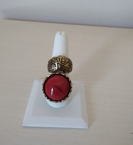Red Coral and Brass Ox Knuckle Ring - image 1