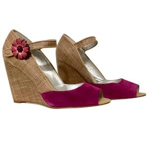 Vintage Beverly Feldman Suede/Woven Peep Toe Wedge Shoe