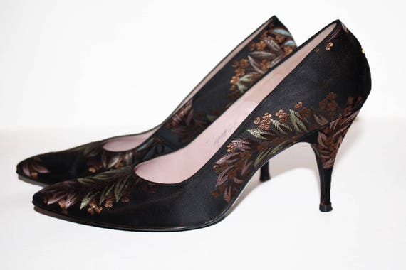 Vintage 1950's "I. Miller" Floral Satin Pumps - image 1