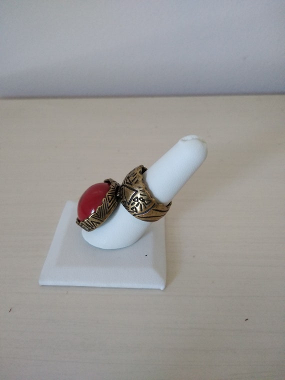 Red Coral and Brass Ox Knuckle Ring - image 2