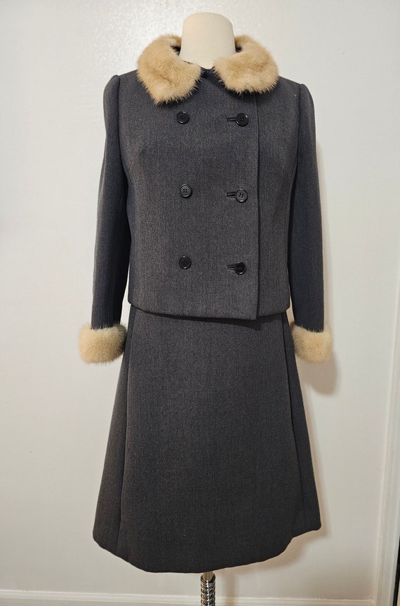 1950s Gray Wool Fur Collar Dress Suit