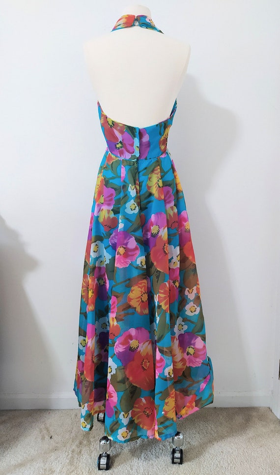 1970s Colorful Floral Print Halter Maxi Flare Dre… - image 3