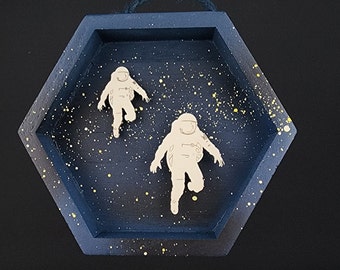 Outer Space Hexagon Hanging Shadow Box with Astronauts and Stars | Blue and Black