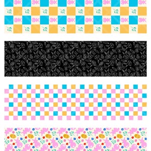 May include: Four decorative bookmarks with various patterns. One features a checkerboard design with blue, yellow, and pink squares. Another has a black background with white line drawings of rabbits and carrots. The third has a checkerboard pattern of pink, yellow, and blue squares. The last bookmark has a light background with pink bunnies, eggs, and flowers.