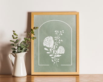 June | Birth Month Flower Print | Rose | Digital Print | Green