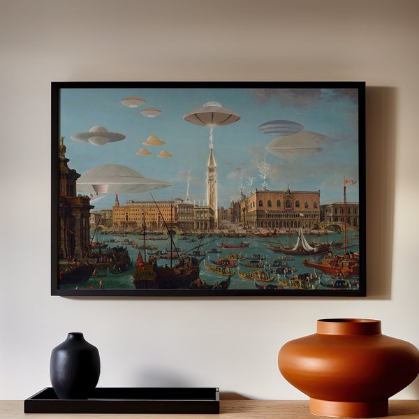 UFOs at the Procession of Gondolas Printable Digital Download in the Bacino di San Marco Venice, Alien Spaceship Landing Wall Art Decor