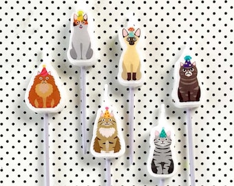 Cat Birthday Candles, Kitty Cake Toppers, Set of 6