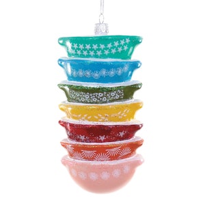 May include: A stack of colorful glass bowls, each with a unique floral pattern, forming a Christmas ornament. The bowls are in shades of green, blue, yellow, red, orange, and pink. A silver string is attached for hanging.
