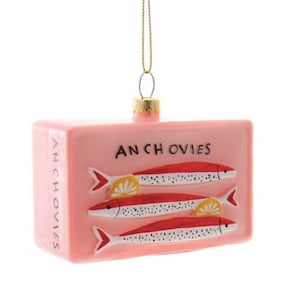 Anchovies Ornament, Foodie Gift, Glass Pink Sardine Can