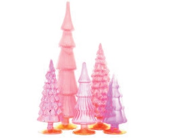 May include: A set of five pink and purple glass Christmas trees with a frosted finish. The trees are arranged in a row and have suction cups on the bottom.