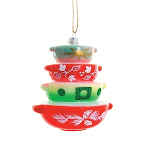 Holiday Vintage Bakeware Glass Ornament, Red & Green Mixing Bowls, Cody Foster