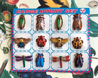 Vintage Embossed Insect Badges on Card, Vibrant Tin Bug Pins (12), Moth - Dragonfly - Ladybug - Bee, New Old Store Stock, Vintage Japan
