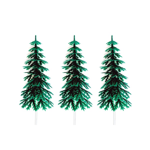 12 Medium Pine Tree Cake Toppers, 4-inch Plastic Evergreens, Miniature Christmas Tree Picks