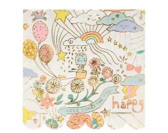 Swan Mill Crepe Napkins with Gold Accents and Blue and Pink Flowers