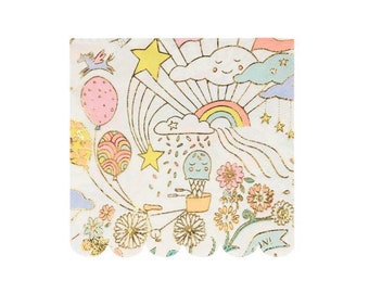 Swan Mill Crepe Napkins with Gold Accents and Blue and Pink Flowers