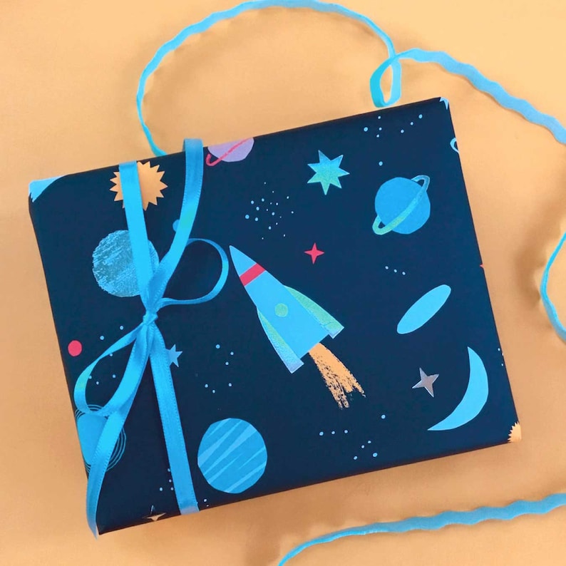 Space Wrapping Paper Sheets with Embossed Silver Foil Meri Meri Rockets Planets Constellations Gift Wrap