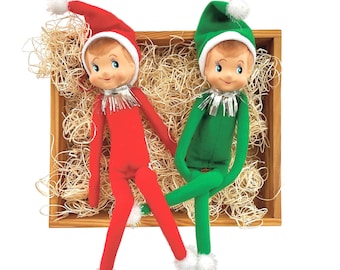 Retro Christmas Elves (sold singly), Pixie Elf Knee Hugger Ornament in Red and Green