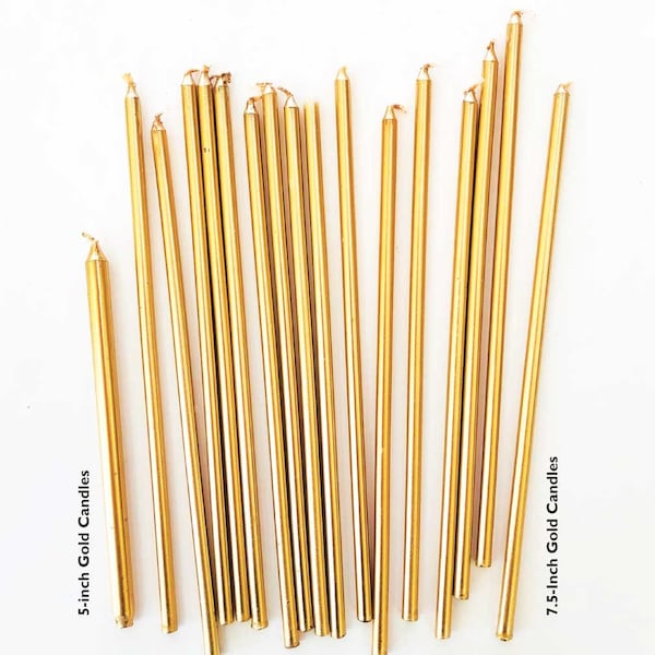 Tall Gold Birthday Cake Candles: 5-Inch Metallic Tapers, Set of 16