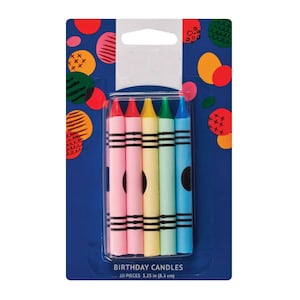 May include: A pack of 10 colorful birthday candles shaped like crayons. The candles are pink, yellow, green, and blue. They are 3.25 inches (8.3 cm) long.  BIRTHDAY CANDLES 10 PIECES 3.25 in (8.3 cm)