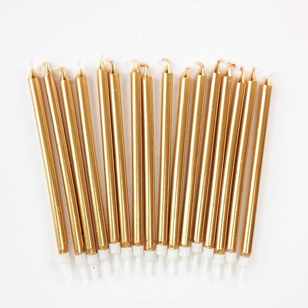 Tall Gold Birthday Candles, 16 Five-Inch Gold Tapers, Long Metallic Gold Party Birthday Cake Candles, Gold Cake Toppers