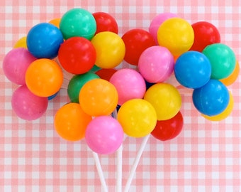Party Balloon Cupcake Picks (3 Stems), Rainbow Toppers, Plastic Cake Balloons