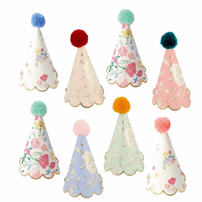 English Garden Party Hats With Pom Poms set of 8 Birthday Etsy