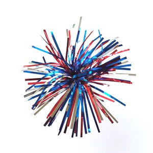 Mylar Spray Picks (5), Americana Cake Toppers, 4th of July, Red Silver Blue Sparkle