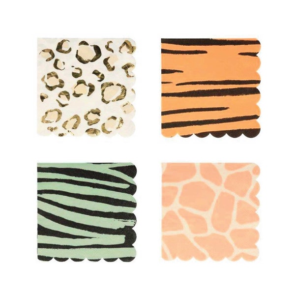 Safari Animal Print Small Napkins, Animal Pattern Tableware with Gold Foil, Jungle Party Decorations, Pack of 16