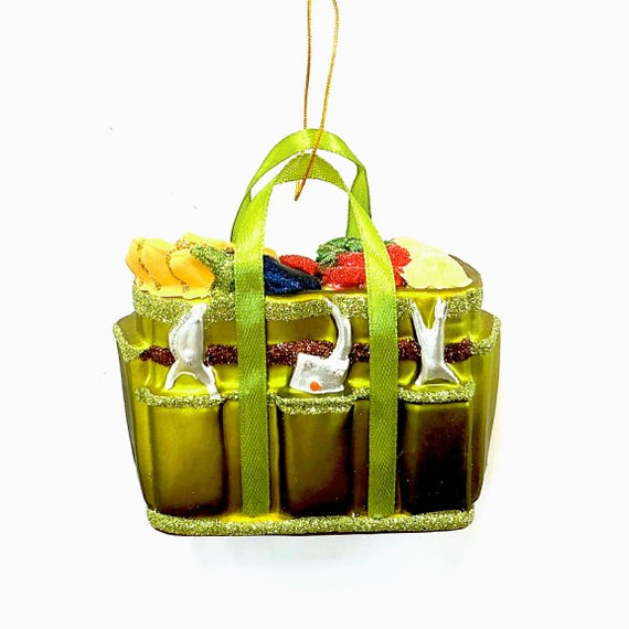 Gardener’s Tote Glass Ornament, Garden Carry-all with Veggies and Tools