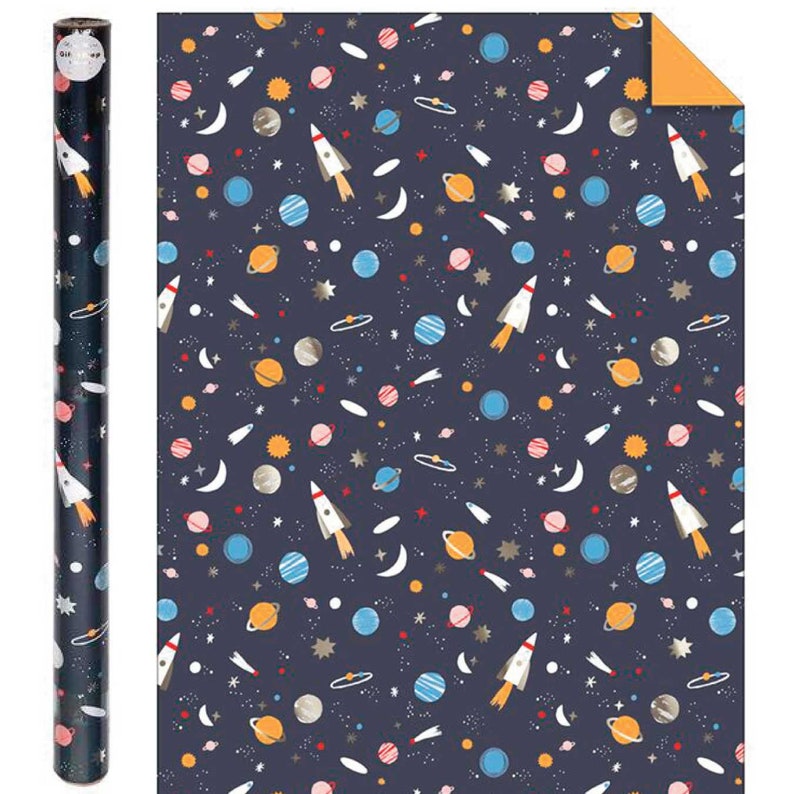 Space Wrapping Paper Sheets with Embossed Silver Foil Meri Meri Rockets Planets Constellations Gift Wrap
