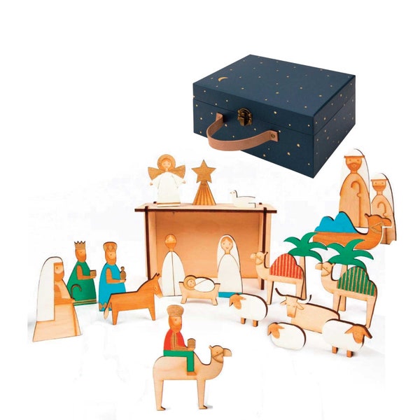 Calendrier de l’Avent de nativité en bois dans la valise souvenir avec plateaux numérotés, crèche, Meri Meri