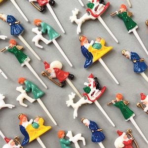 Vintage Christmas Cake Toppers (12), Nativity and Santa’s Sleigh Picks