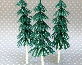 12 Small Pine Tree Cake Toppers, 3-inch Plastic Evergreens, Miniature Christmas Tree