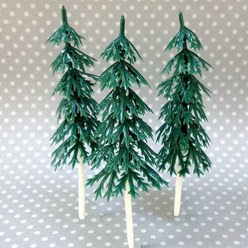 12 Small Pine Tree Cake Toppers, 3-inch Plastic Evergreens, Miniature Christmas Tree 