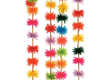 May include: A collection of vibrant, spiky garlands in a variety of colours, including red, orange, yellow, green, pink, purple, and blue. Each garland comprises starburst-shaped ornaments threaded onto a thin, brown cord. The background is white.