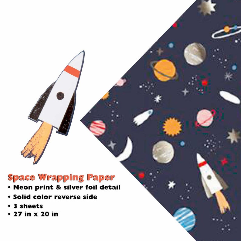 Space Wrapping Paper Sheets with Embossed Silver Foil Meri Meri Rockets Planets Constellations Gift Wrap