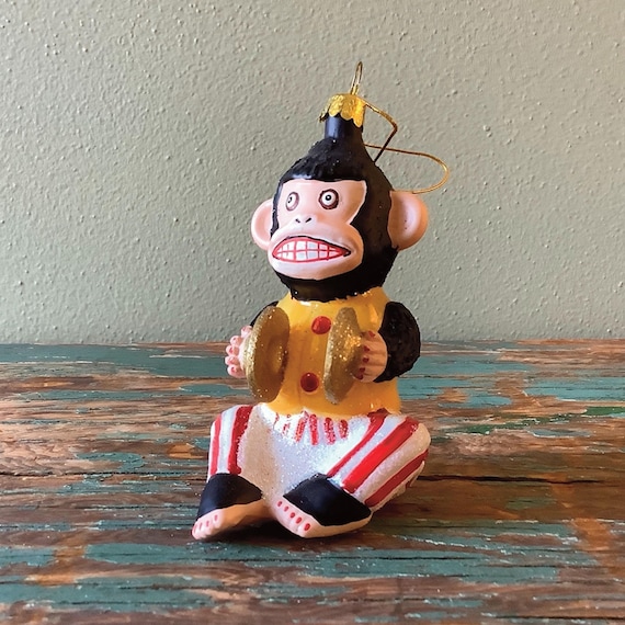 Vintage Toy Monkey Ornament with Cymbals and Wind-Up Screw