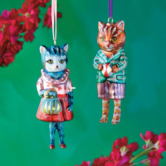 Dressed Cat Ornament, Nathalie Lété Tree Decoration, Hand-Blown and Hand-Painted Glass, Christmas Gift for Her