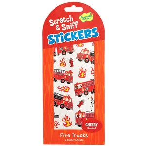Adesivos de caminhão de bombeiro, Cherry Scratch & Sniff, lembrancinhas de festa de bombeiro para crianças