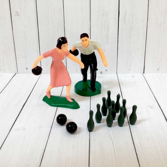 Vintage Miniatures Bowler Man and Woman and Bowling Pin /& Ball Sets Bowling Cake Toppers