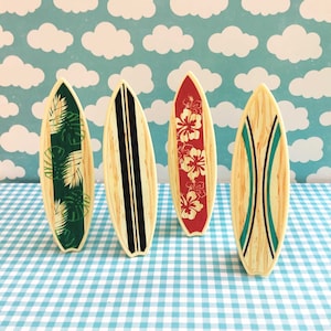 12 Surfboard Cake Toppers, Dollhouse Miniature, Luau Party Decorations, Surfer Dude Birthday