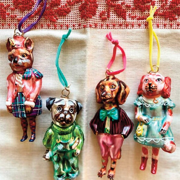 Dressed Dog Ornament, Nathalie Lété Christmas Bauble, Dachshund - Chihuahua - Pug - Cavalier Spaniel