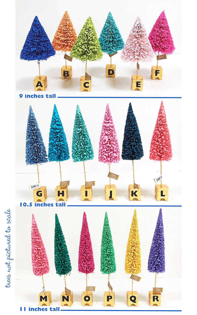 May include: A collection of eighteen decorative bottle brush trees in various colors, each mounted on a gold-painted square base. The trees are labeled A through R, with heights of 9 inches, 10.5 inches, and 11 inches indicated for each row.