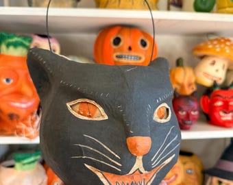 Cubo con cara de gato negro, decoración de Halloween de inspiración vintage