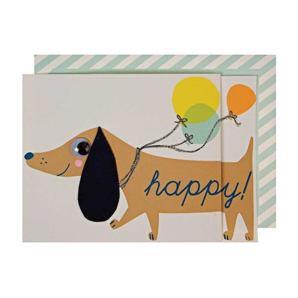 Sausage Dog Birthday Card, Fold-Out Dachshund with Felt Ear - Googly Eye - Pop-Up Balloons, Greeting Card