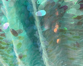 Turquoise Iridescent Sequins-Dragon Scales Embroider on a Mesh-Sold by the Yard.