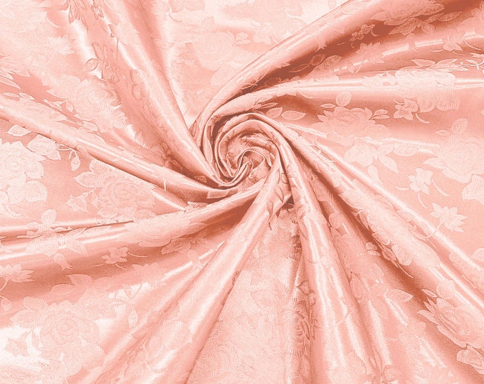 Peach 60" Wide Polyester Big Roses/Flowers Brocade Jacquard Satin Fabric/Cosplay Costumes, Skirts, Table Linen/Sold By The Yard.