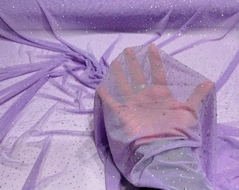 Lilac Sheer All Over AB Rhinestones On Stretch Power Mesh Fabric, Sold by The Yard.